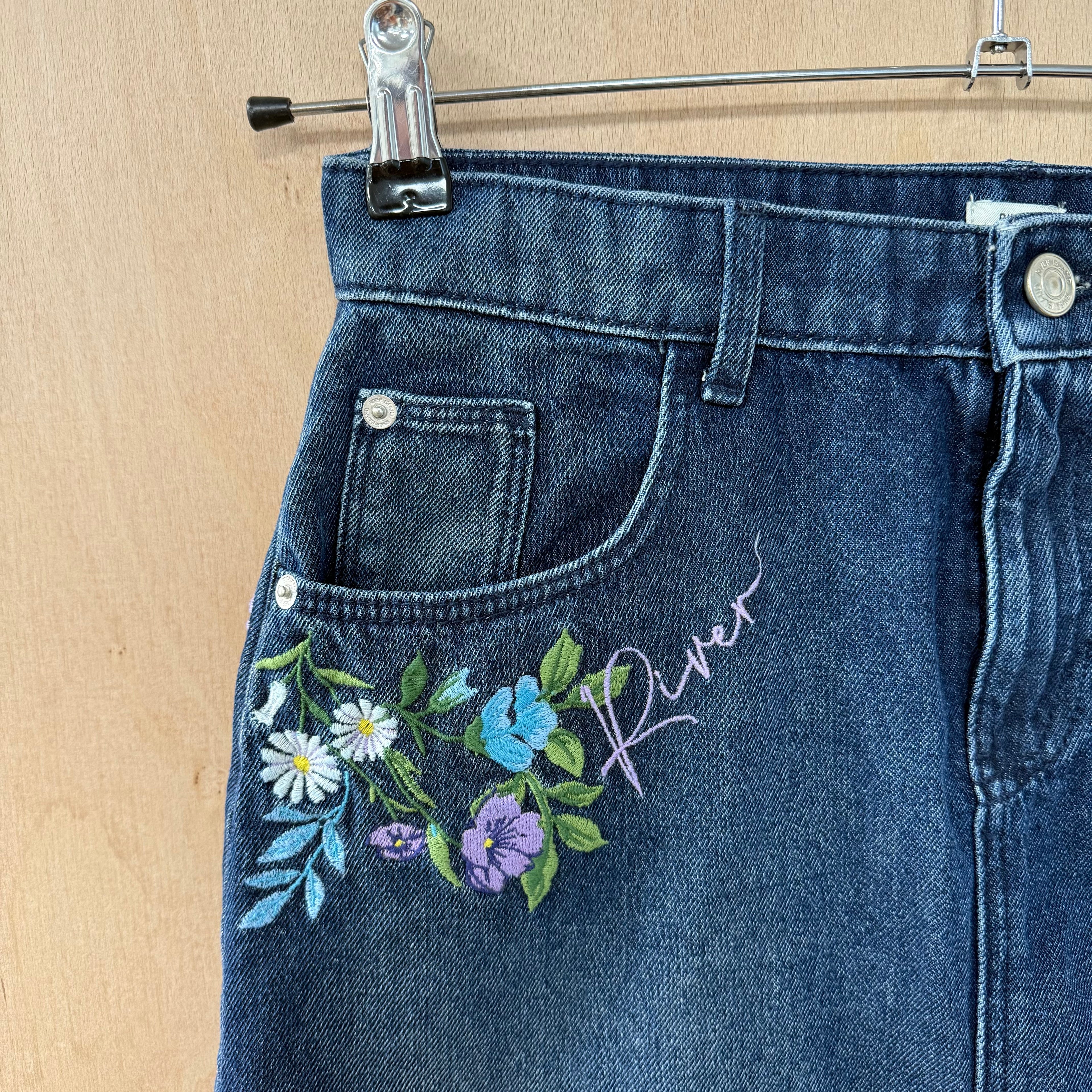 Girls river island denim midi skirt with floral detail size 13-14 years