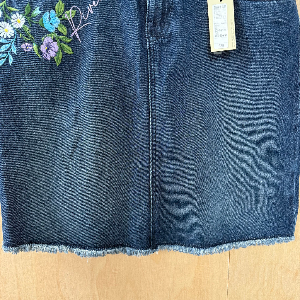 Girls river island denim midi skirt with floral detail size 13-14 years