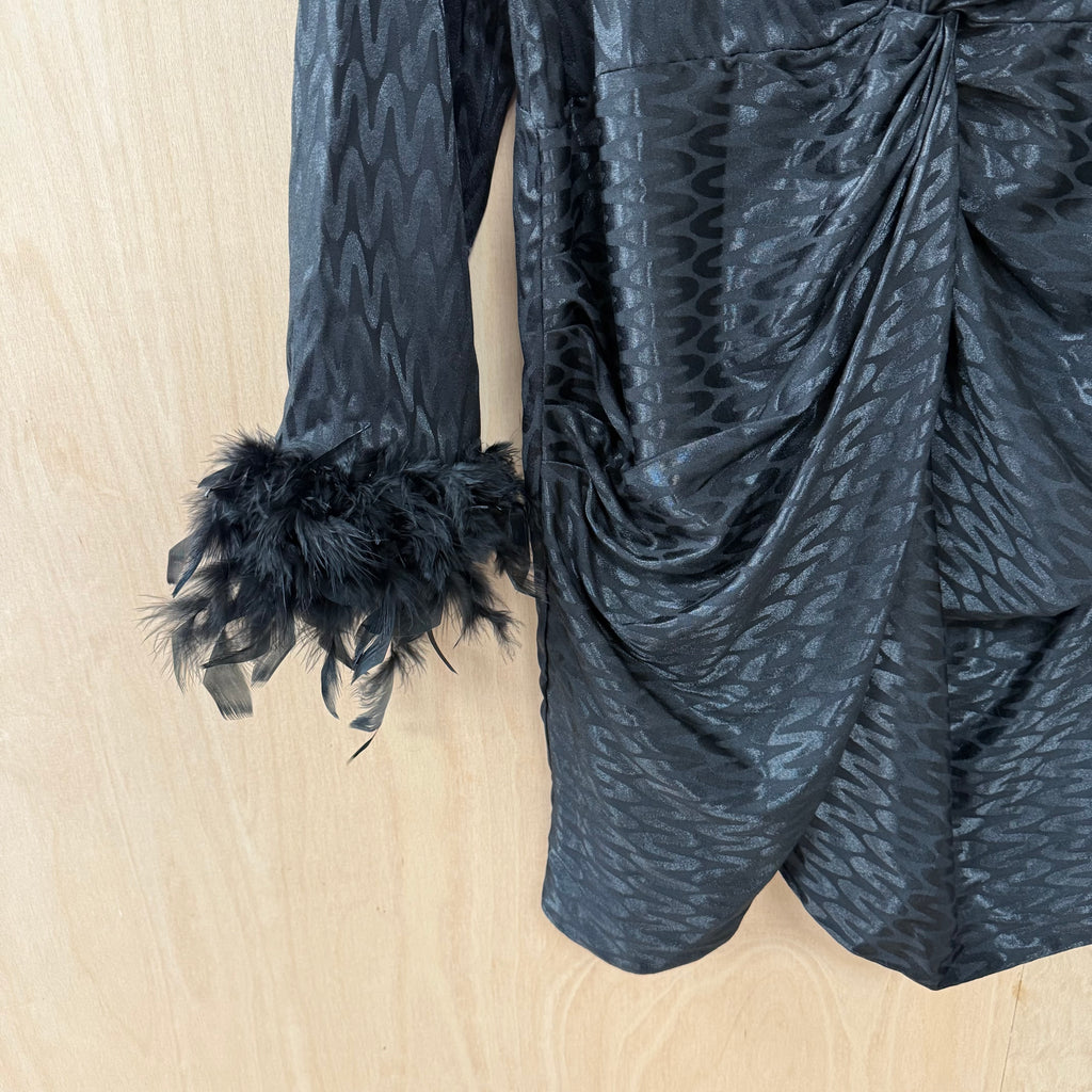 River island black satin leopard print dress with feather arm cuffs size 18