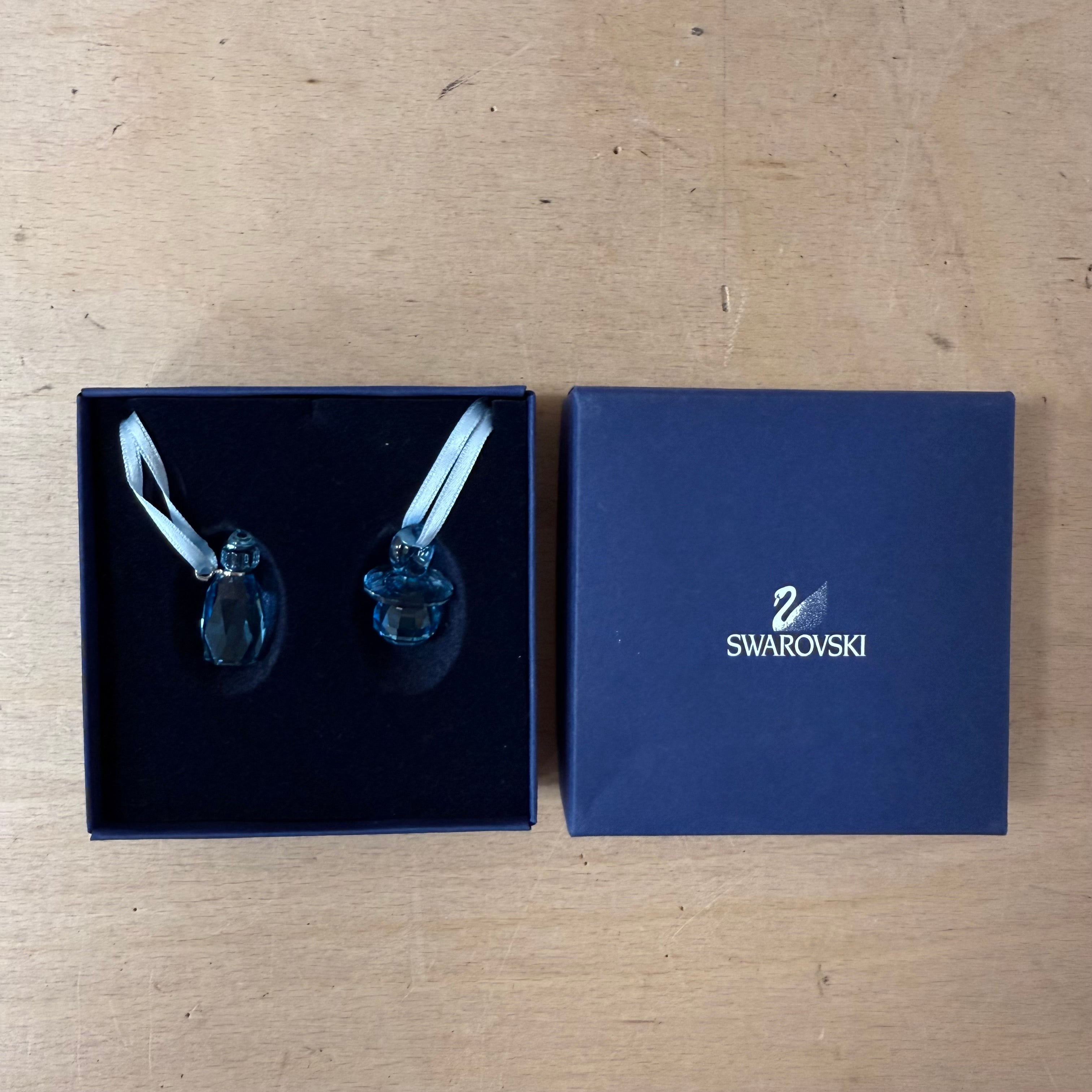 Swarovski baby pacifier/dummy & bottle aquamarine crystal pair retired 612359