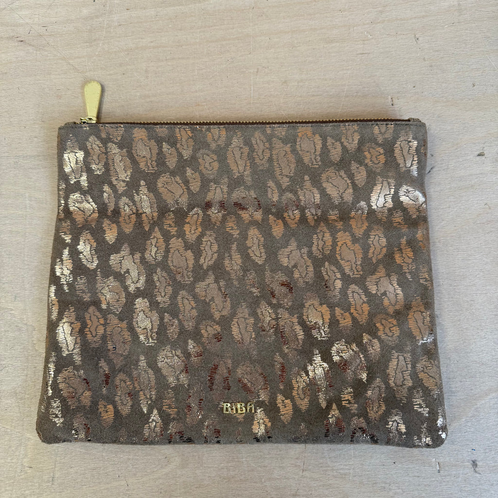 Biba gold and beige leopard print clutch bag