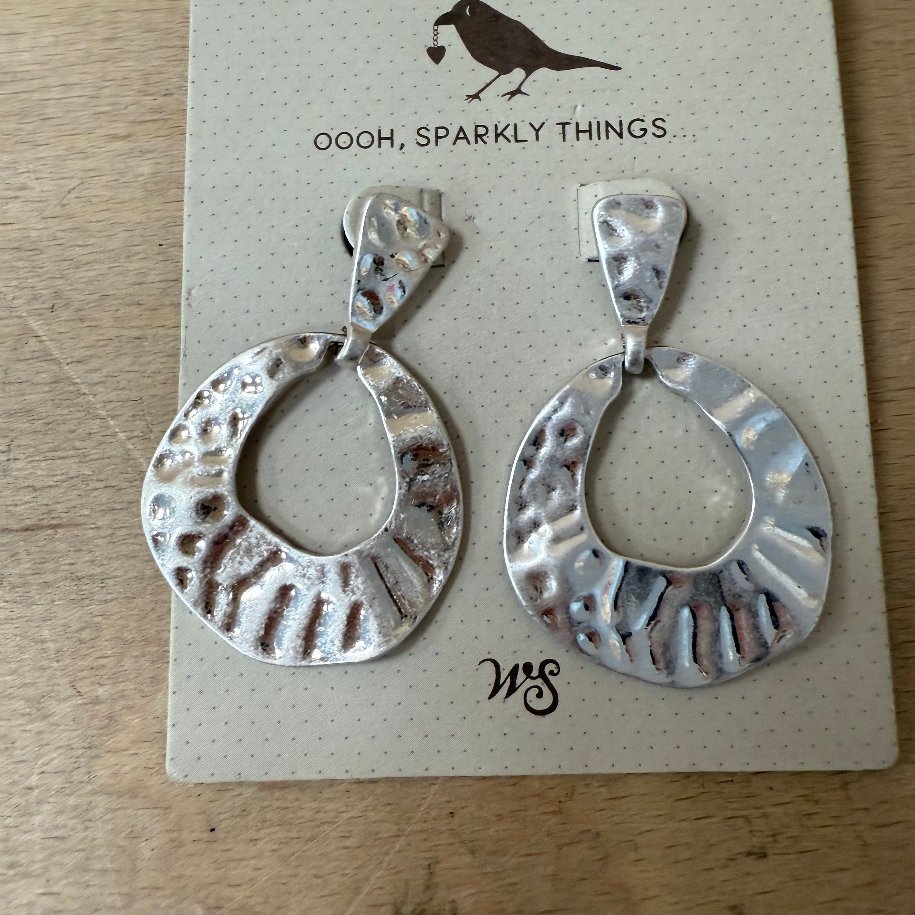 White stuff beaten metal hoop drop earrings new ladies