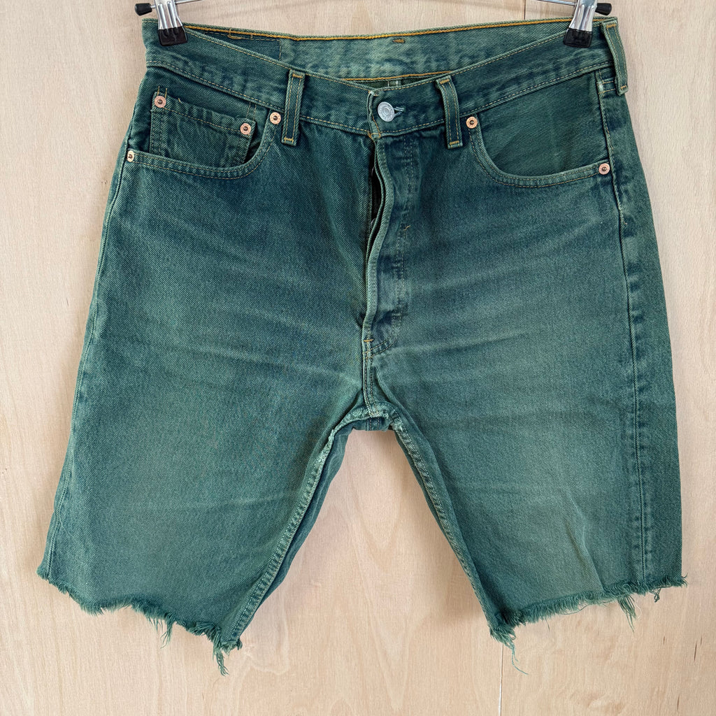 Levi 501 green jorts jean shorts distressed W 34