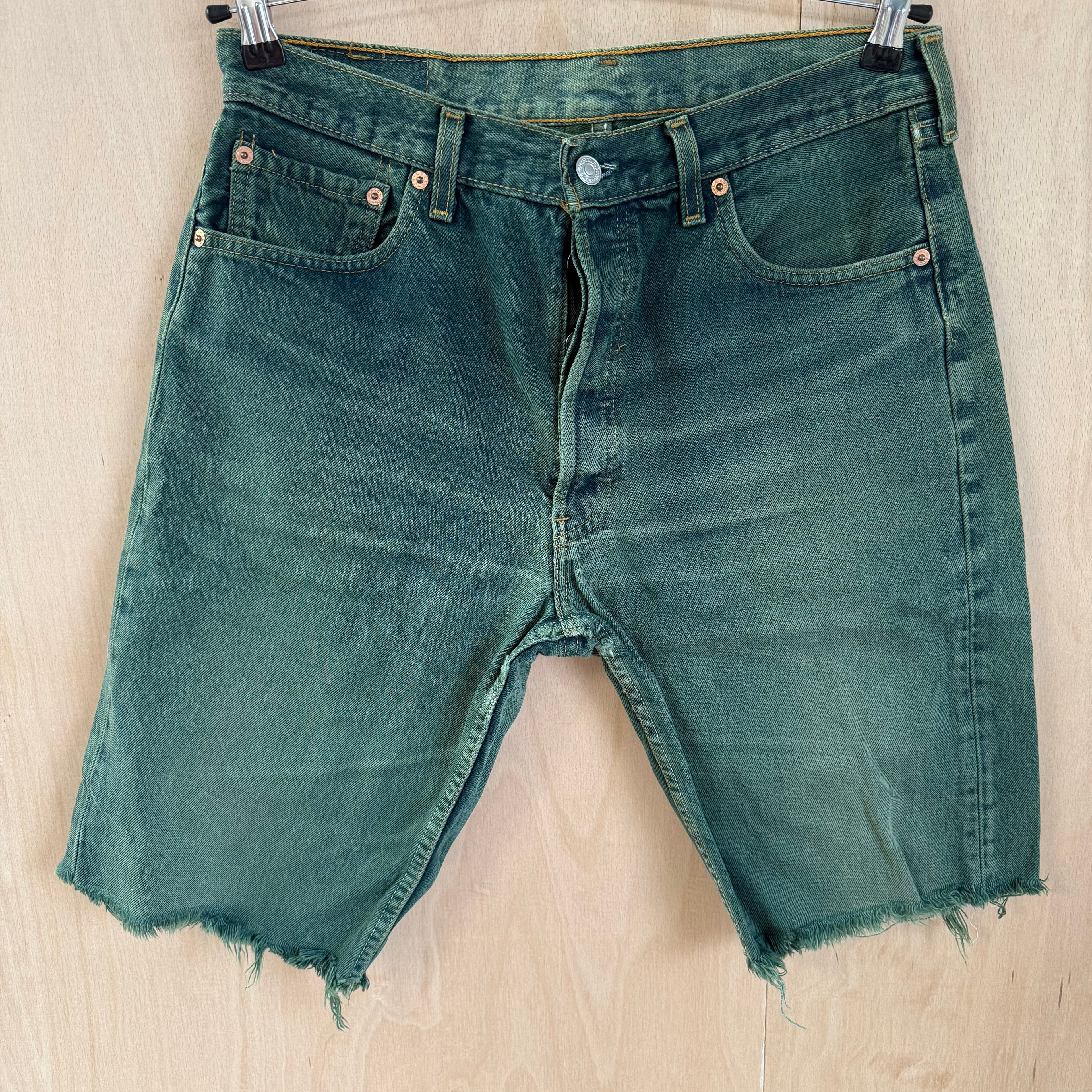 Levi 501 green jorts jean shorts distressed W 34