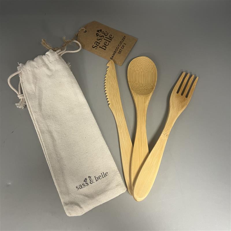 Sass & Belle bamboo cutlery set of 3 knife fork and spoon