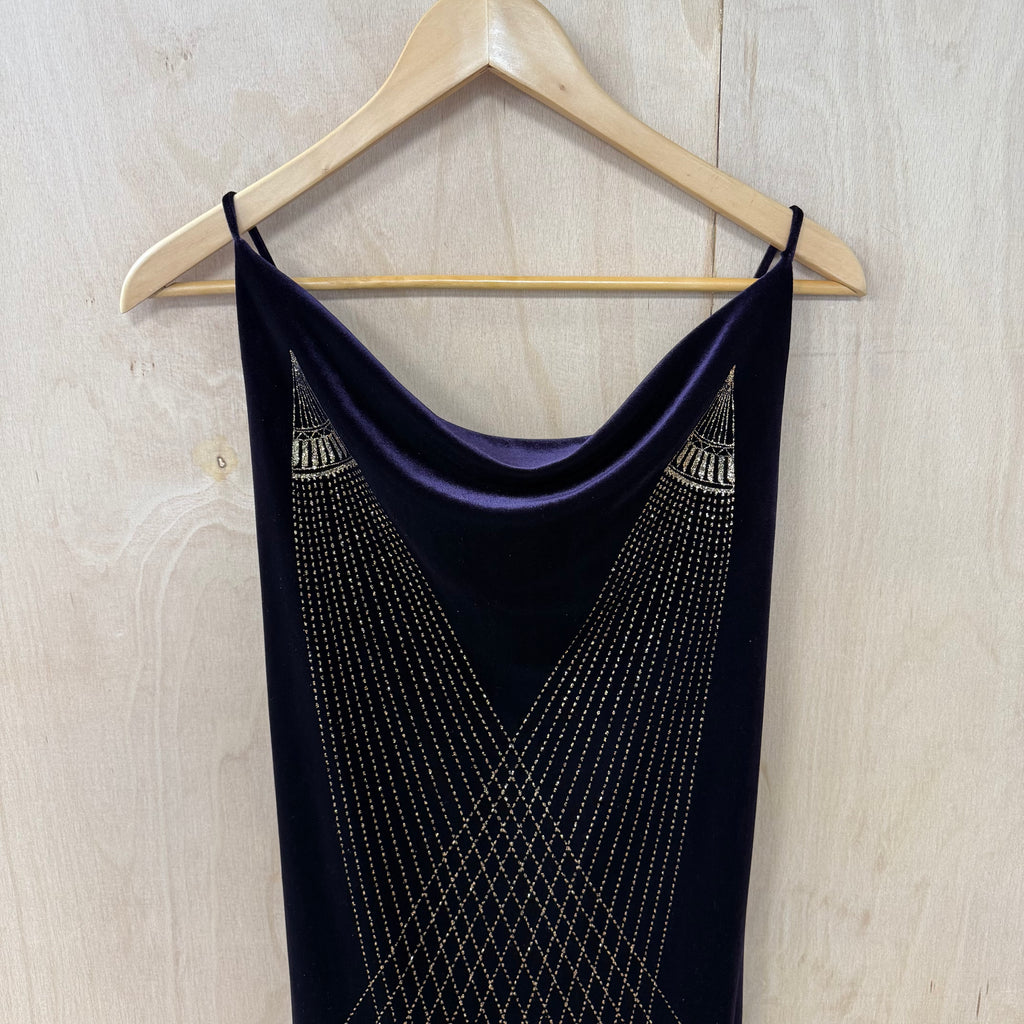 Pia vintage deep purple velvet bodycon dress with gold detailing size small