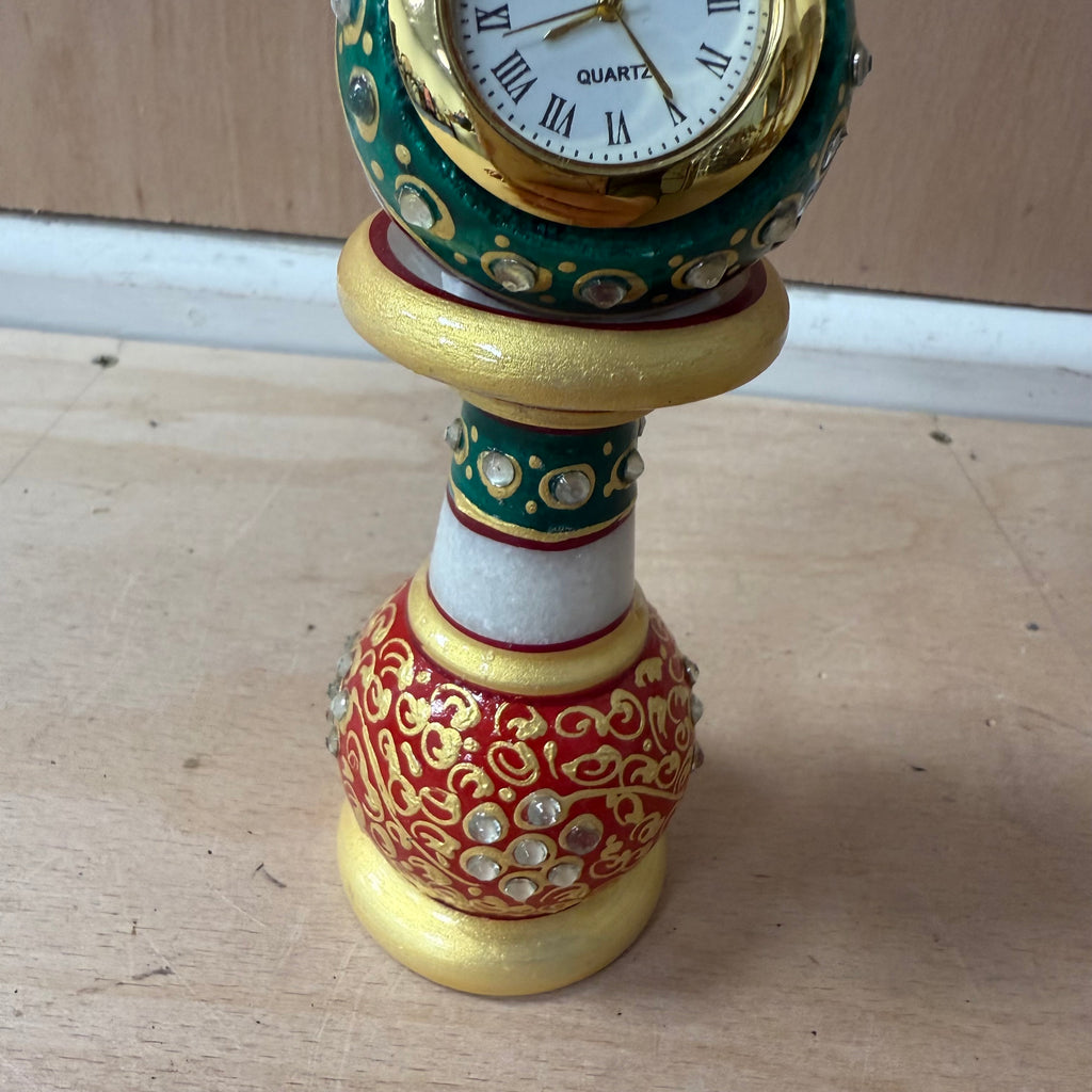 Meenakari white pillar watch with green, gold and red decoration