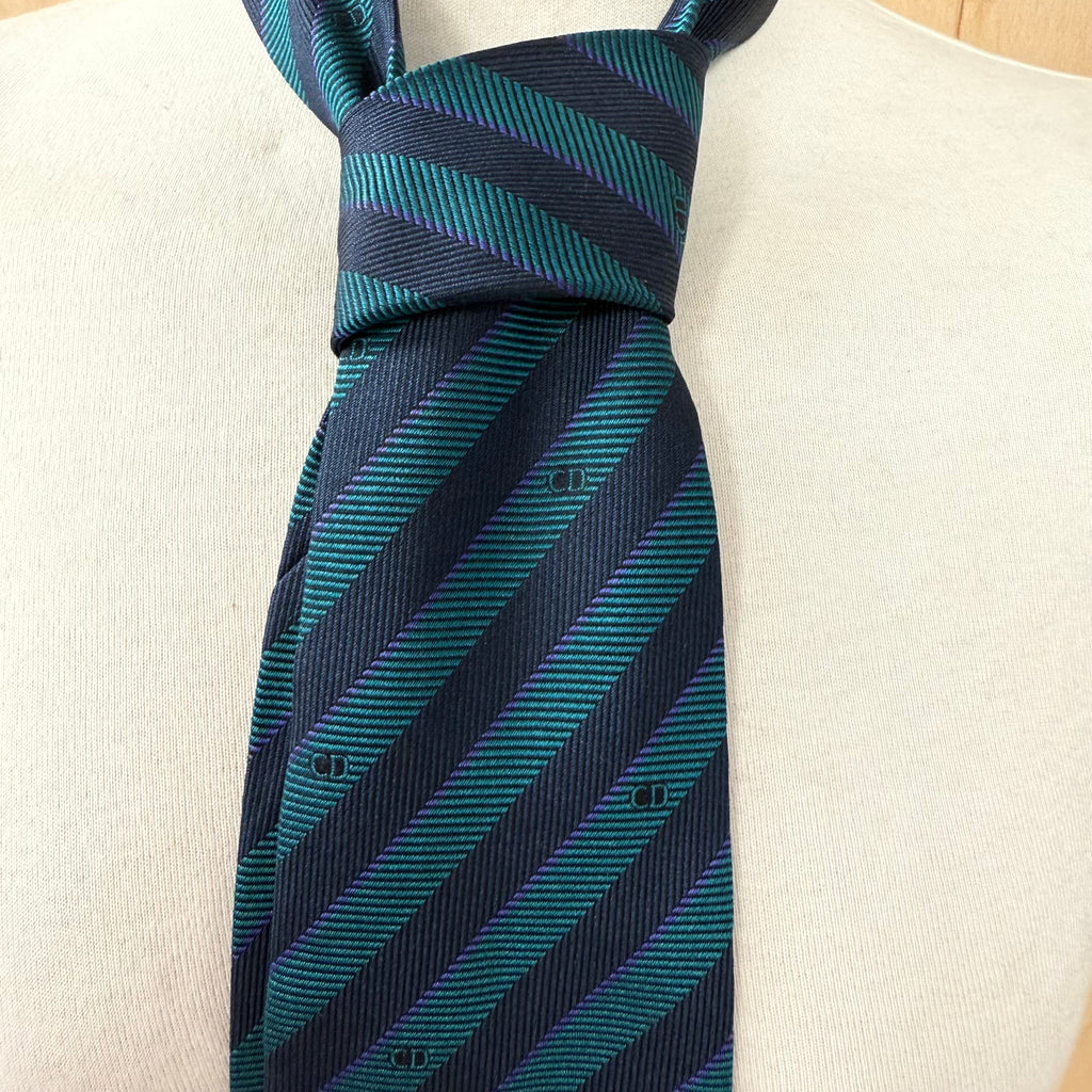 Christian dior monsieur men's silk tie blue & black diagonal stripes