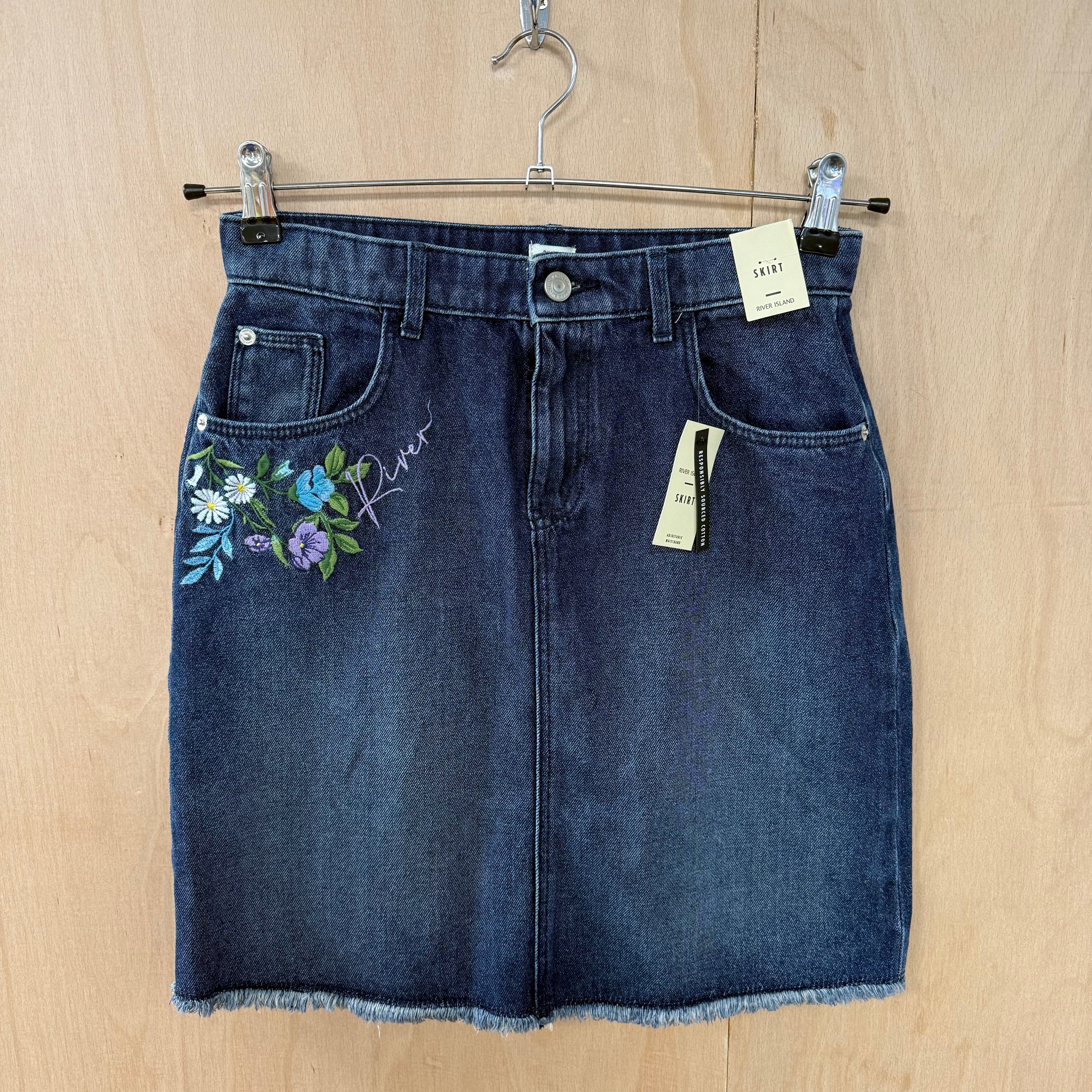 Girls river island denim midi skirt with floral detail size 13-14 years
