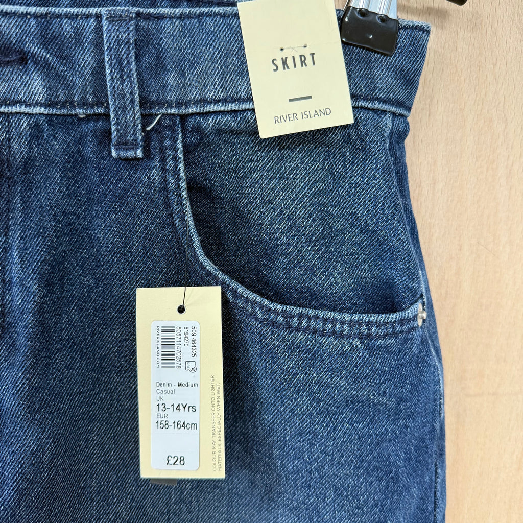 Girls river island denim midi skirt with floral detail size 13-14 years