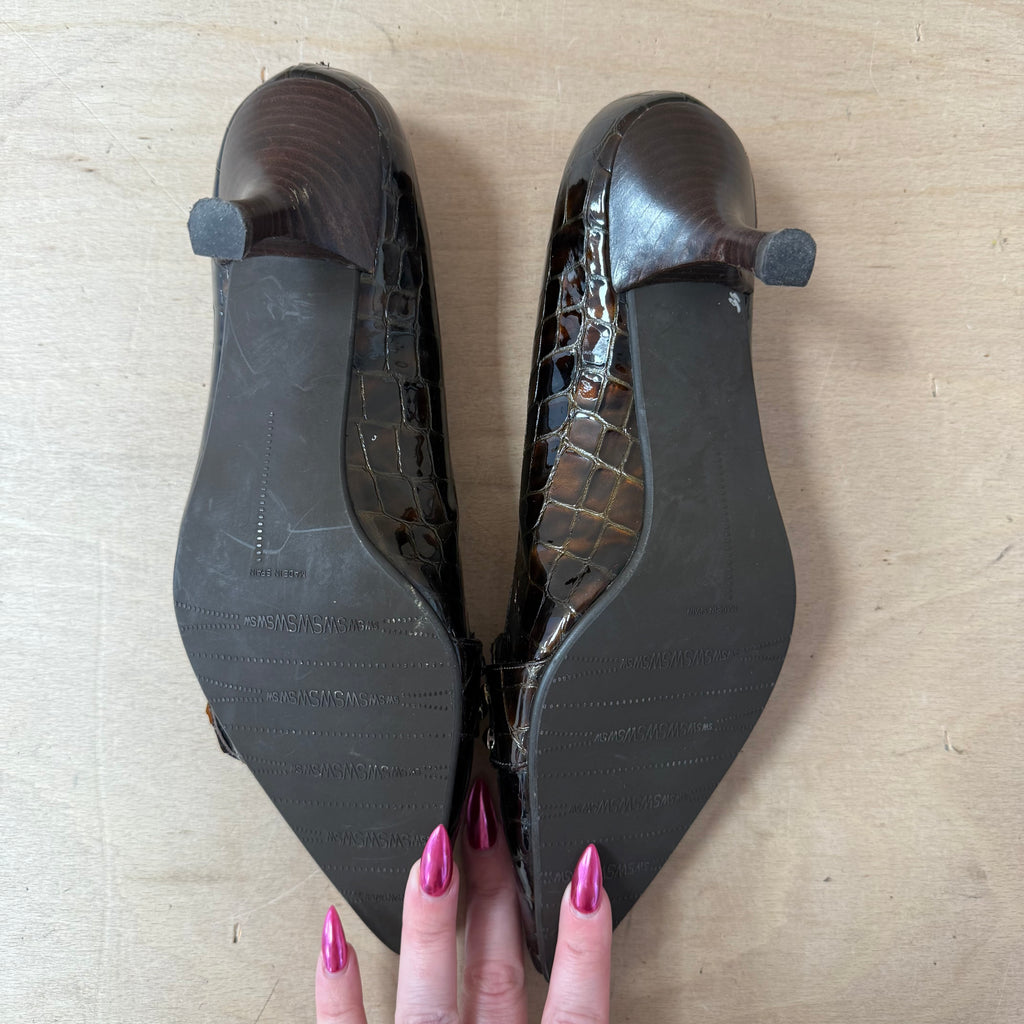 Russell & bromley brown crock embossed leather heels size 5.5 UK