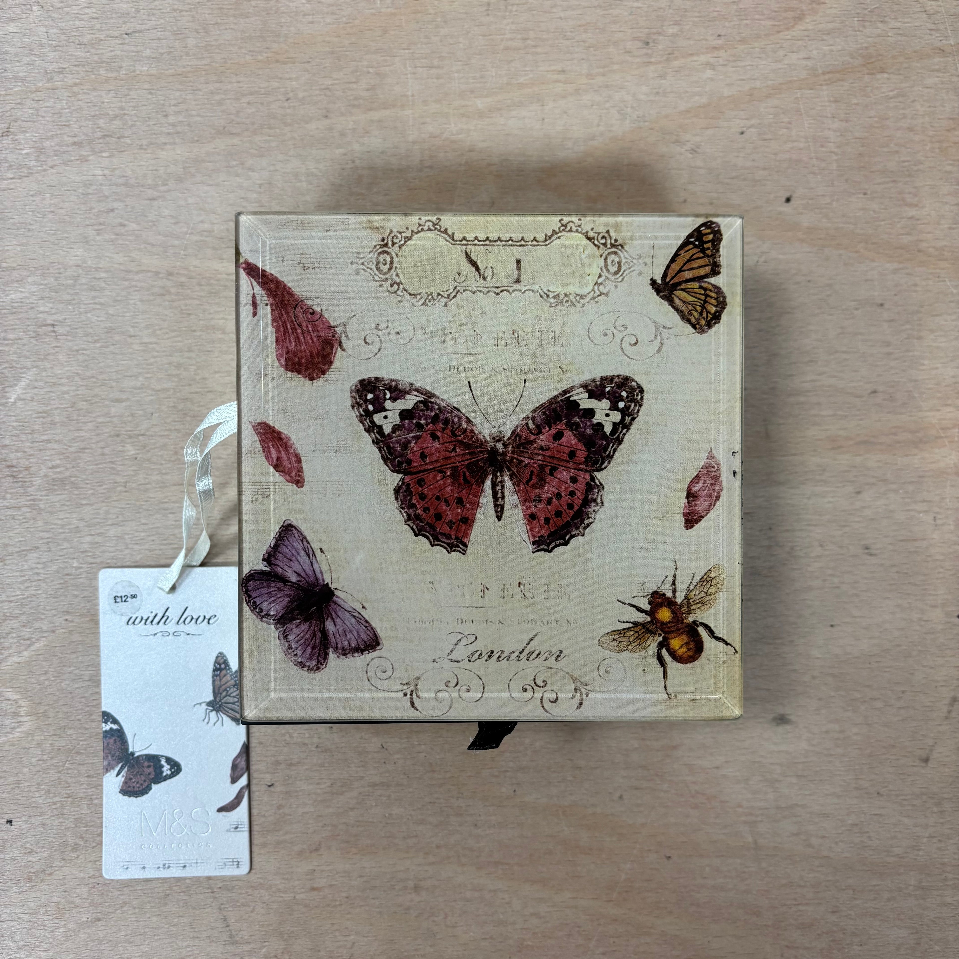 Marks & spencer with love mirror design with butterfly print lid jewellery box new