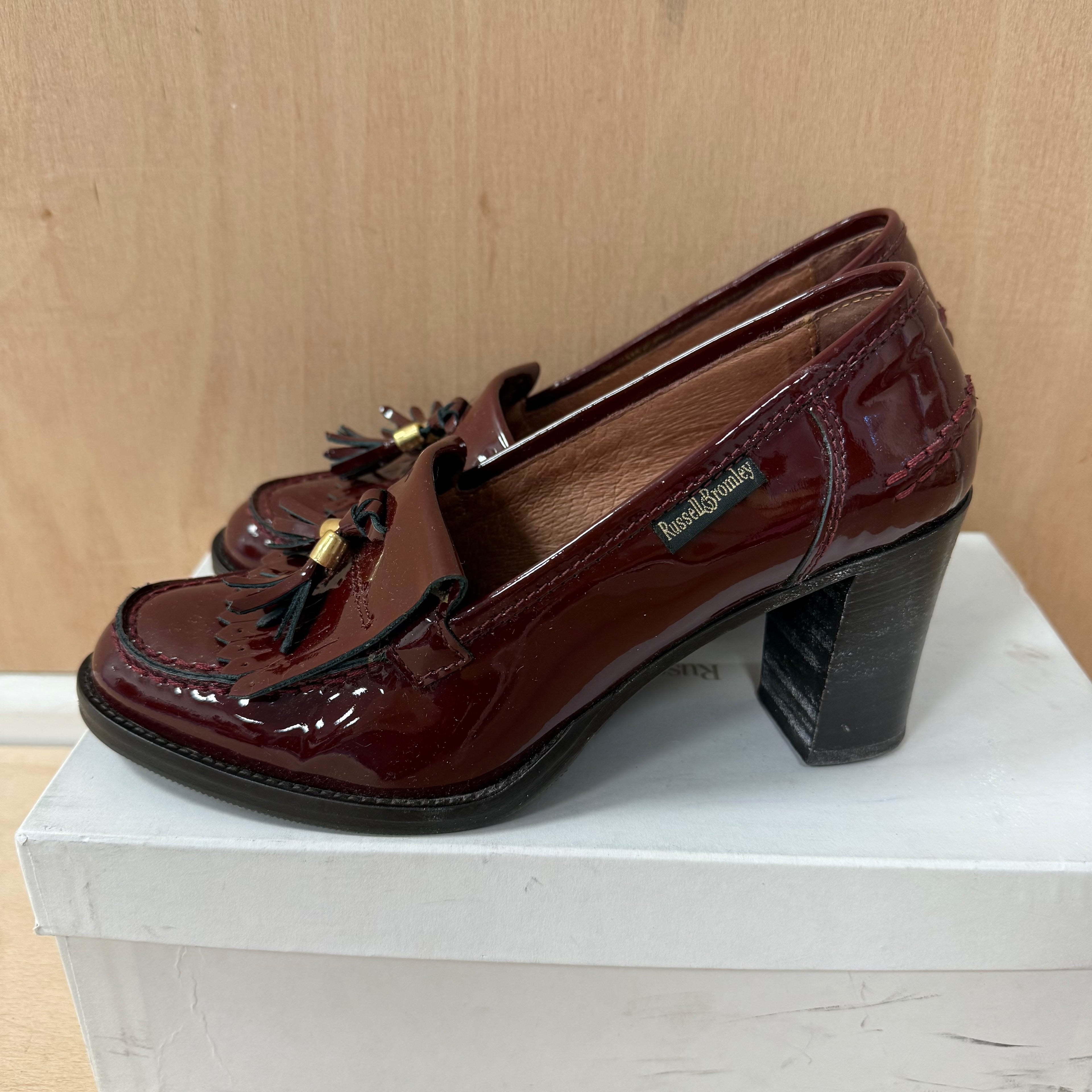 Russell & bromley burgundy patent leather block heels size 4UK