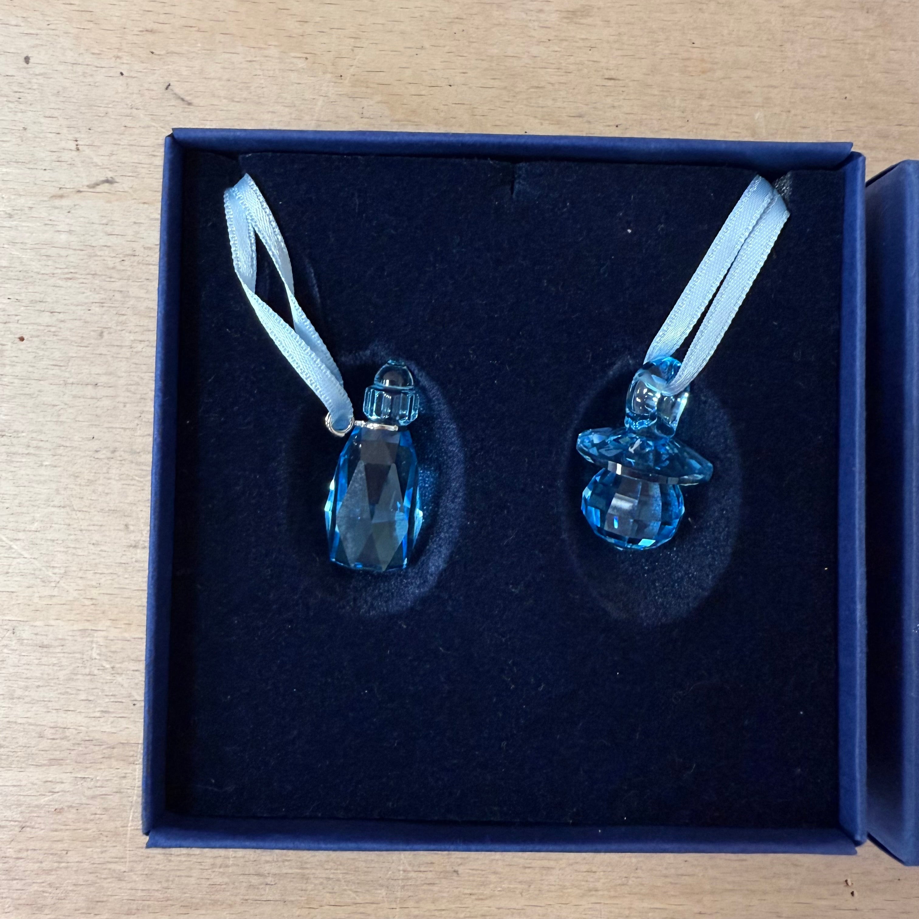 Swarovski baby pacifier/dummy & bottle aquamarine crystal pair retired 612359