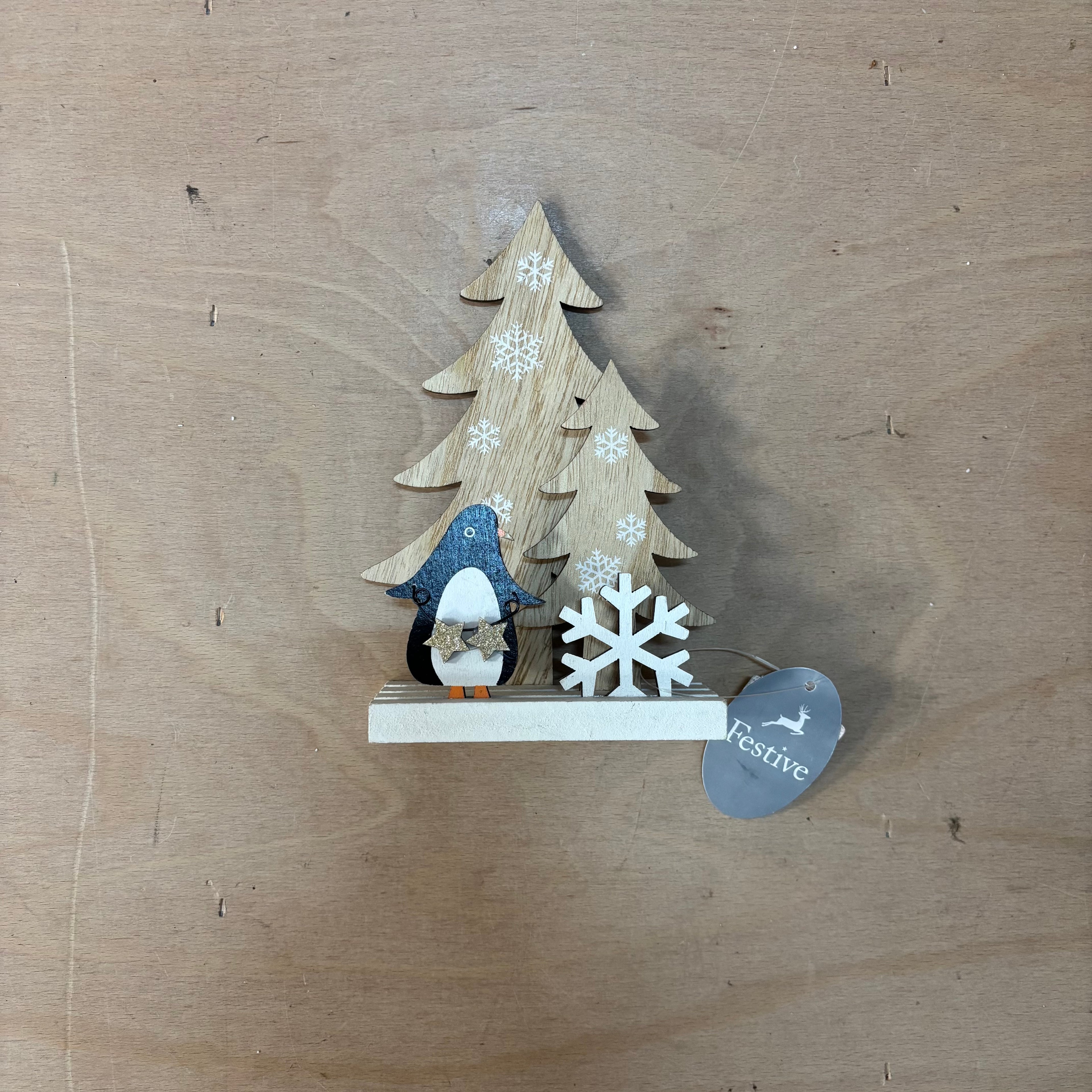 Festive wooden penguin christmas decoration