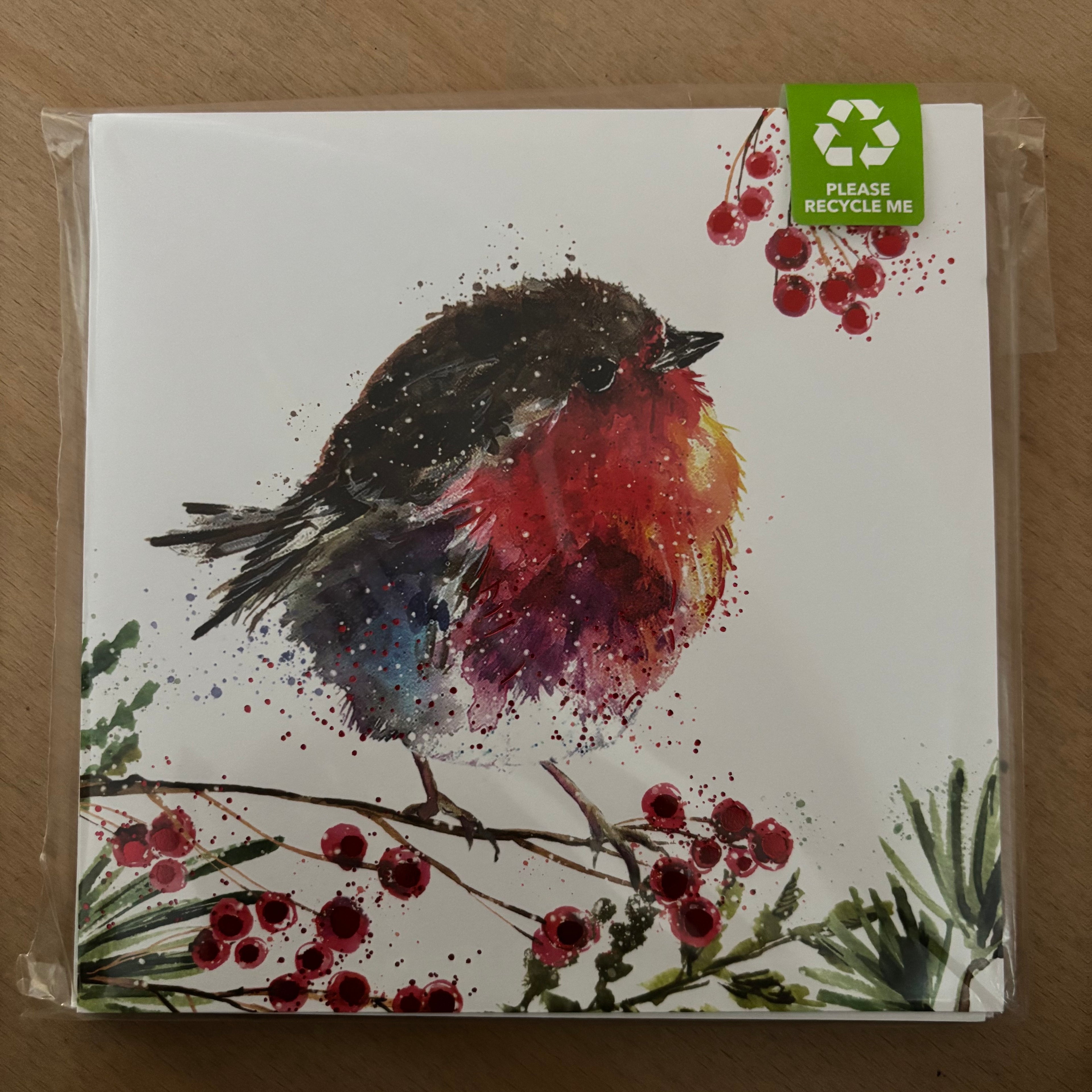 Fluffy robin on a berry branch 10 pack christmas cards