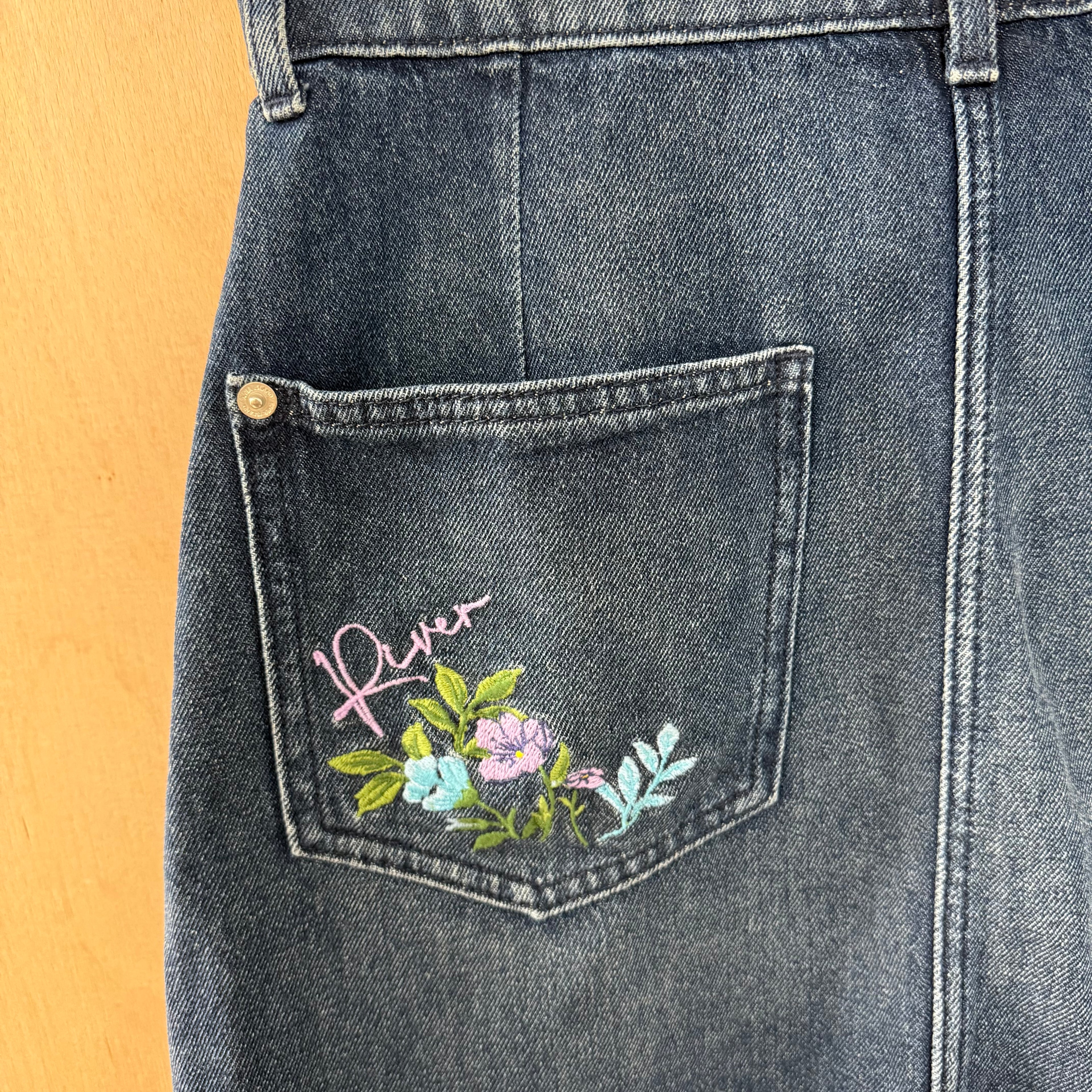 Girls river island denim midi skirt with floral detail size 13-14 years