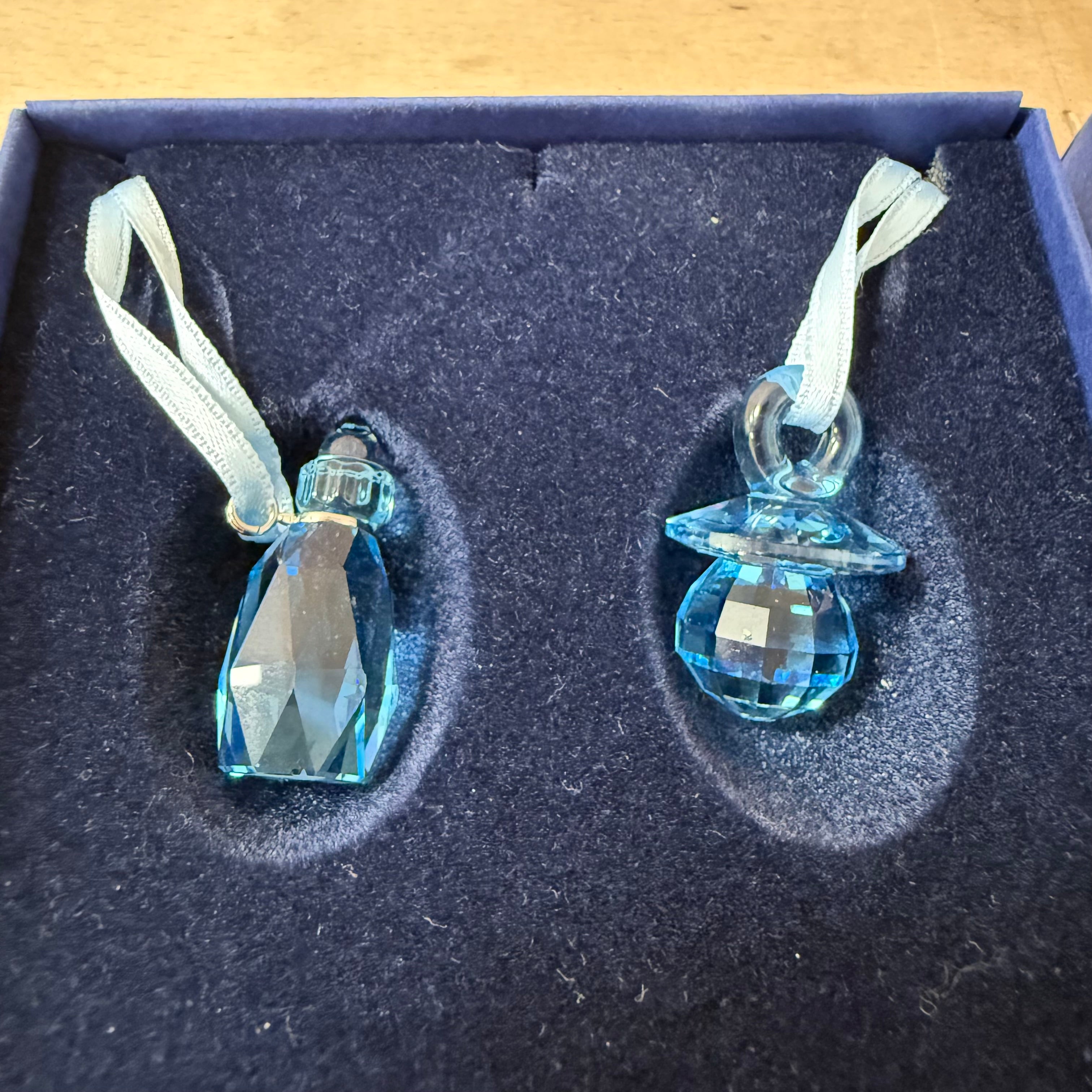 Swarovski baby pacifier/dummy & bottle aquamarine crystal pair retired 612359