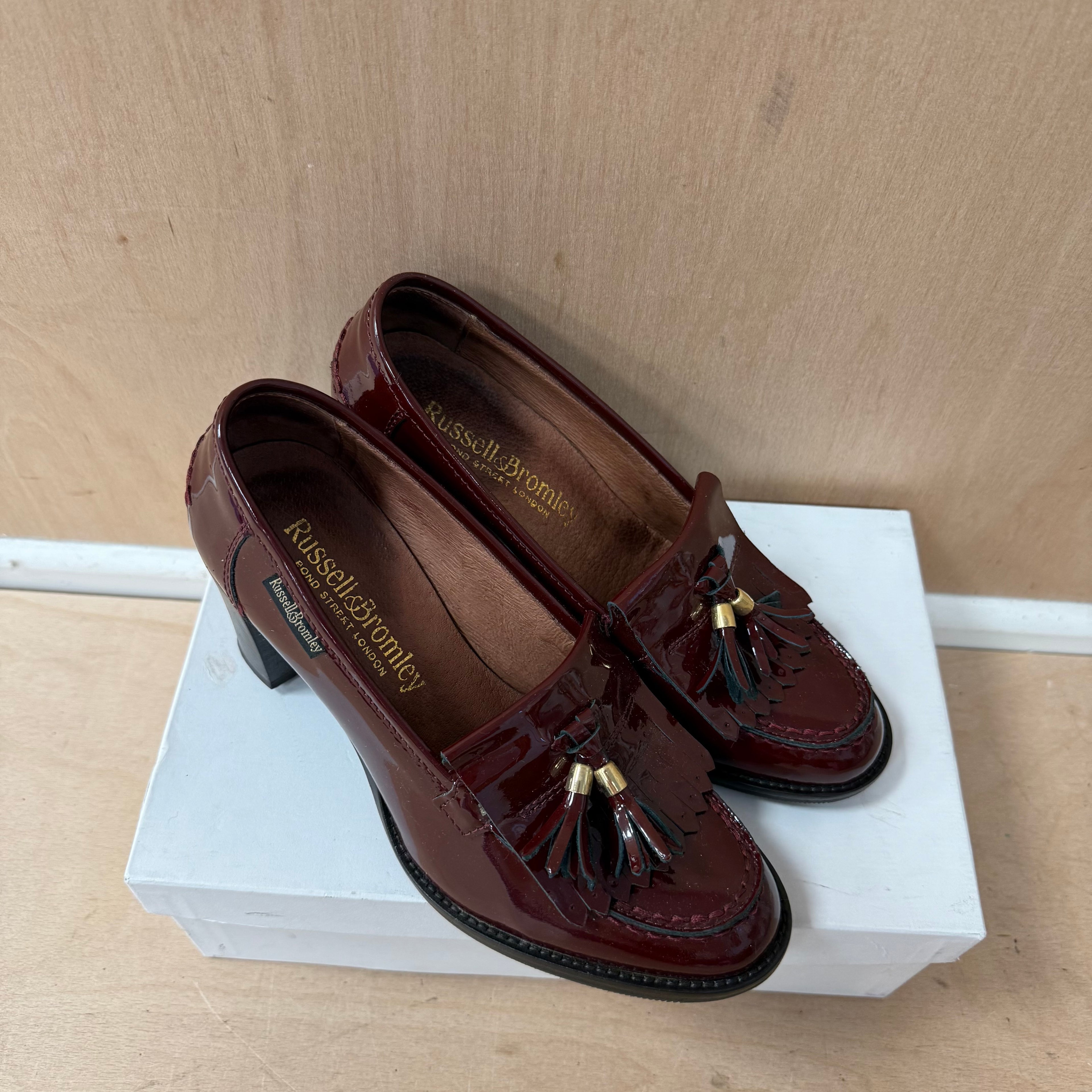 Russell & bromley burgundy patent leather block heels size 4UK