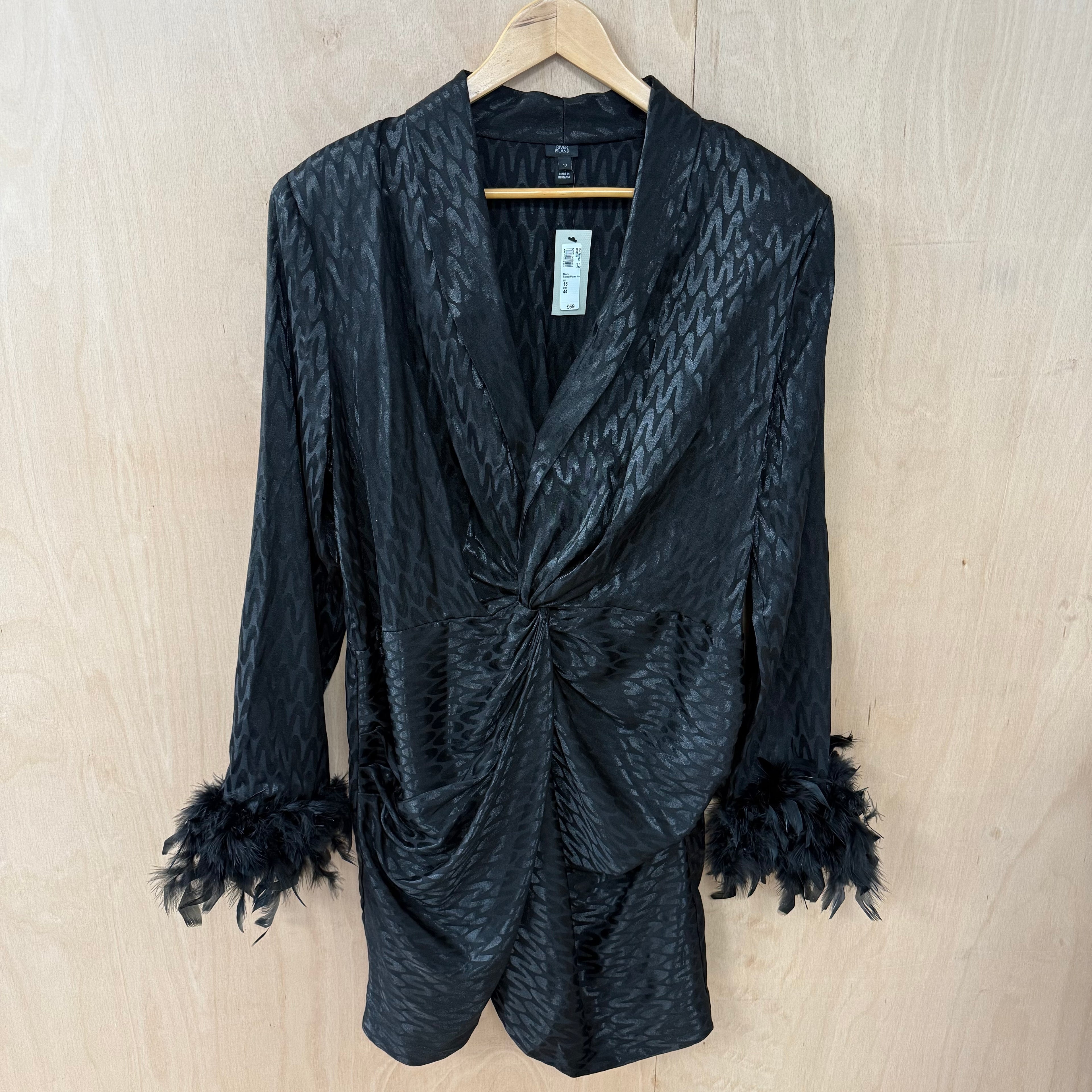 River island black satin leopard print dress with feather arm cuffs size 18