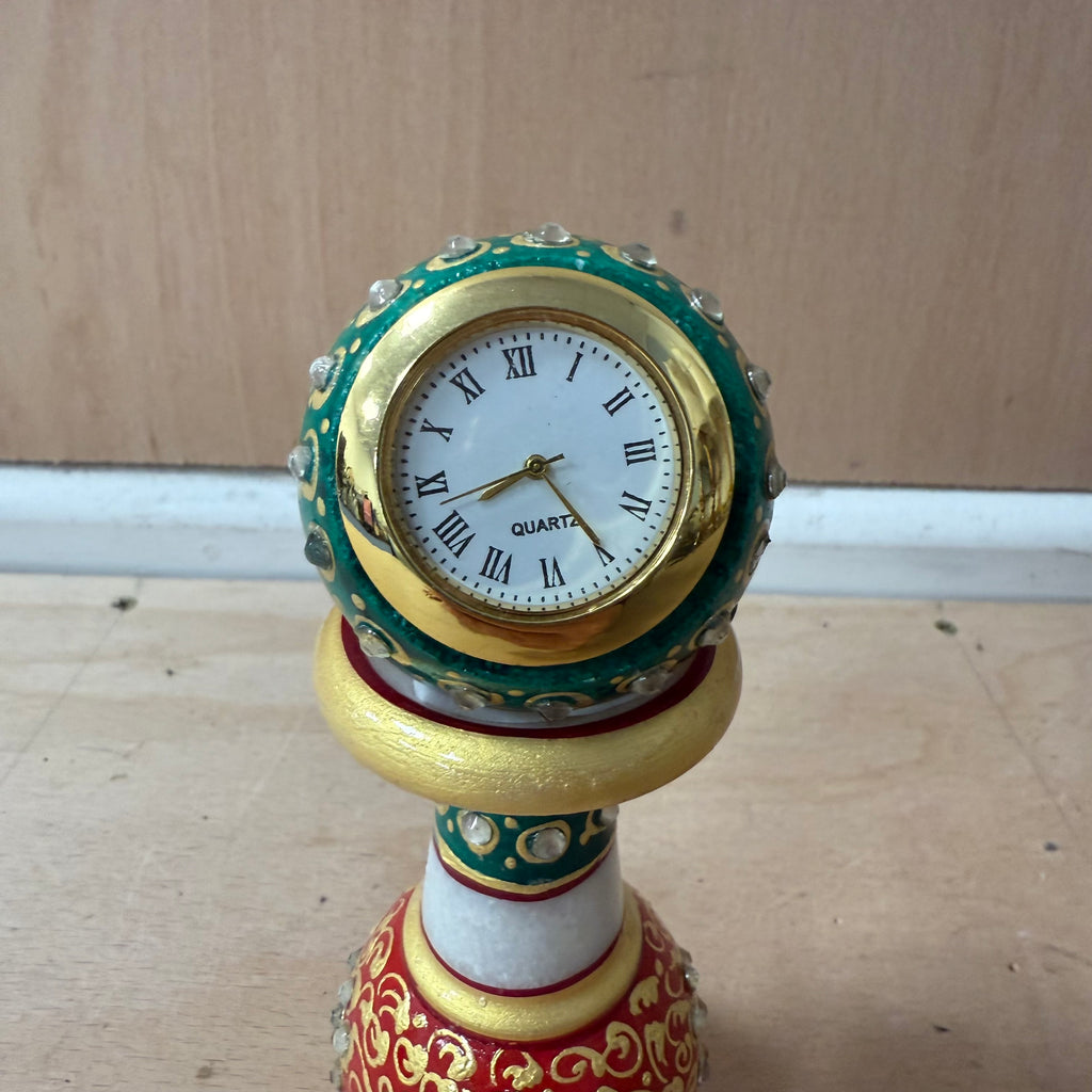 Meenakari white pillar watch with green, gold and red decoration