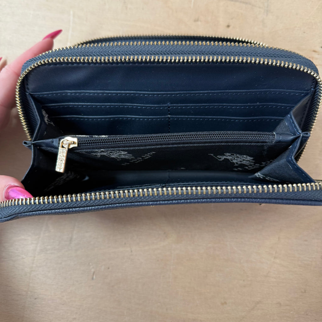 US polo assn navy leather zipped clutch purse