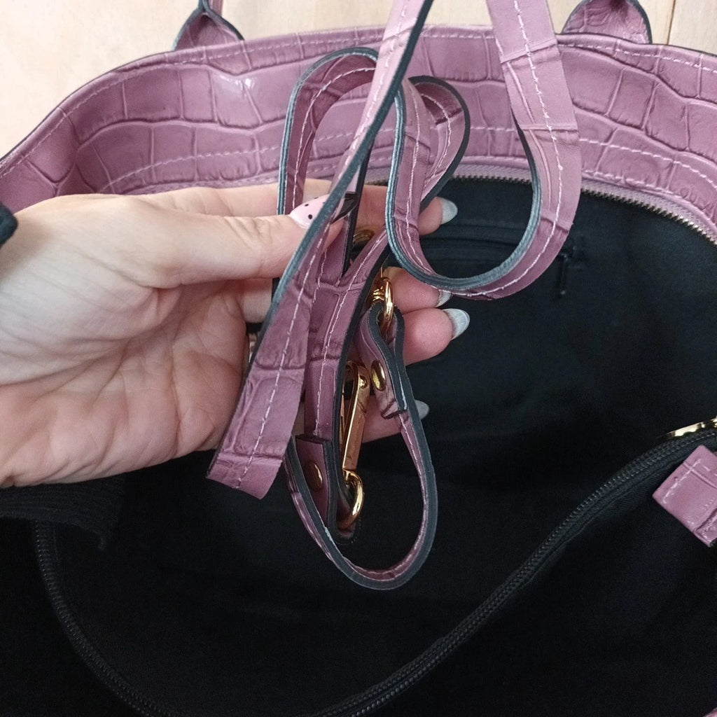 LRM croc pattern style pink tote bag with initial E font